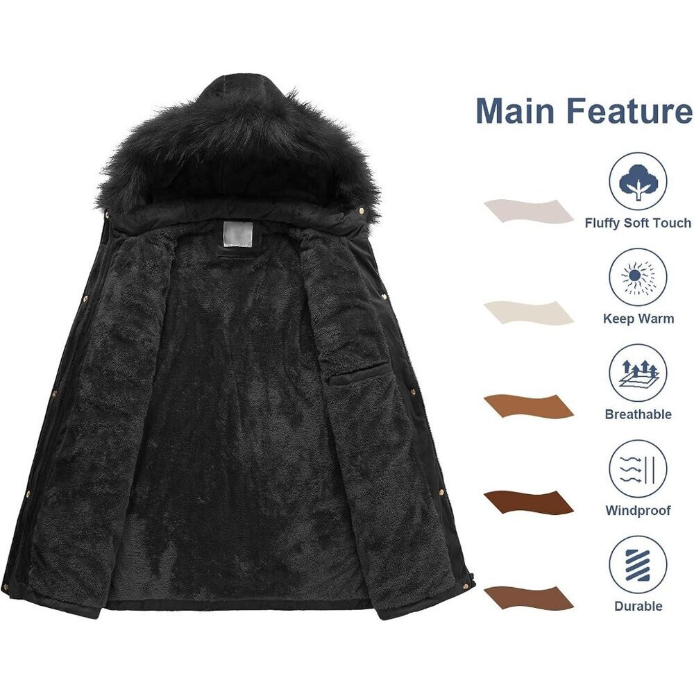 Women's Black Winter Warm Coat Velvet Quilted Faux Fur Hood Puffer Jacket - Picture 3 of 7